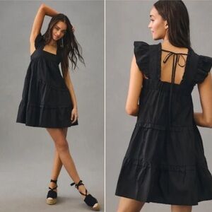 EN SAISON Anthropologie Byblos Black Babydoll Tiered Mini Dress LBD Size Small
